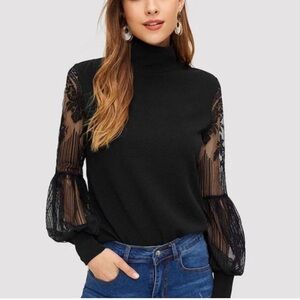 SHEIN NWT Bonita Blouse Size Large. Knit w/lace balloon sleeves, Stretch